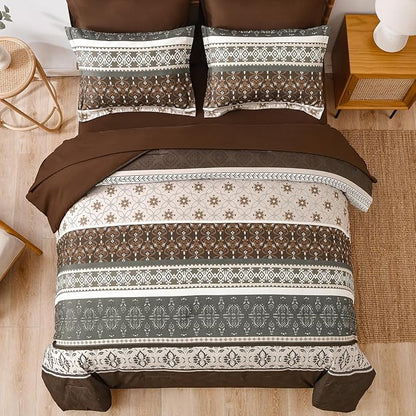 WONGS BEDDING Boho Comforter Set King, 7 Pieces Brown Comforter and Sheet Set,Bohemian Striped Floral Pattern Comforter Bedding Set,Soft Microfiber Bed in a Bag for All Season
