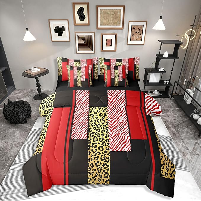 Erosebridal Leopard Print Stripes Girly Red Gold 7 Piece Bedding Set Twin | Fur Pattern Geometric Comforter Set with Sheets Women Men Adults Bed in A Bag Zebra Cheetah Wild Animal Skin Bed Sets