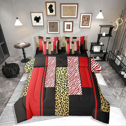Erosebridal Leopard Print Stripes Girly Red Gold Full Comforter Set 7 Pieces | Fur Pattern Bed in A Bag for Bedroom Women Men Adults Bedding Set with Comforters Zebra Cheetah Wild Animal Room Decor