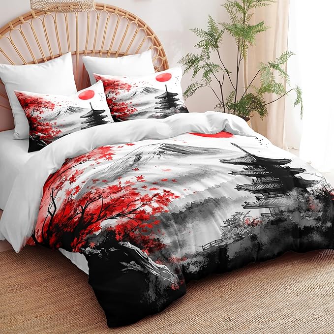 Classical Art Painting Comforter Set Full Size, 3 Pieces Japanese Style Botanical Bedding Sets for Girls, Landscape Maple Leaves Soft Lightweight Down Alternative Comforter(79" X 90")