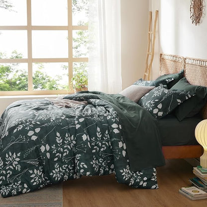 Bedsure Full Size Comforter Set - 7 Pieces Floral Forest Green Soft Bedding Sets, Full Bed in a Bag with Botanical Flowers Comforter, Sheets, Pillowcases & Shams