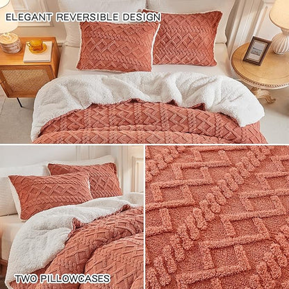 Joyreap 3-Piece Fluffy Faux Fur Sherpa Comforter Set, Twin Size Brownish Red Luxury Tufted Bedding Comforter Set, All Season Soft n Cozy Plush Comforter Bed Set- 68x86 inches