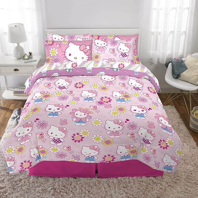 Franco Kids Bedding Super Soft Comforter and Sheet Set with Sham, 7 Piece Full Size, Hello Kitty(Prints may vary)