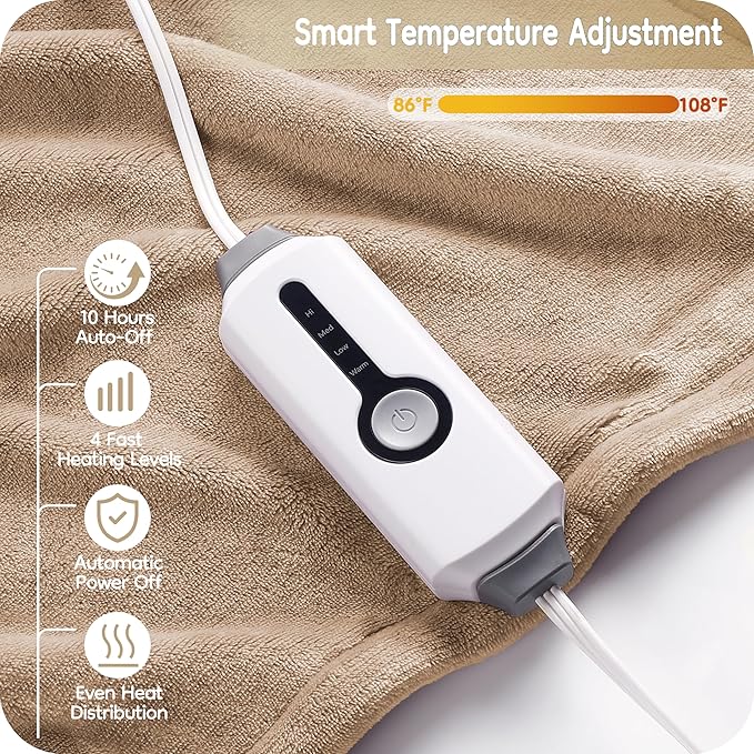 Electric Heated Blanket Full Size 72"×84", Breathable & Luxurious Flannel, Soft Warm Gift with Over-Heat Protection, 4 Heating Levels & 10 H Auto Shut Off, Machine Washable, Light Brown