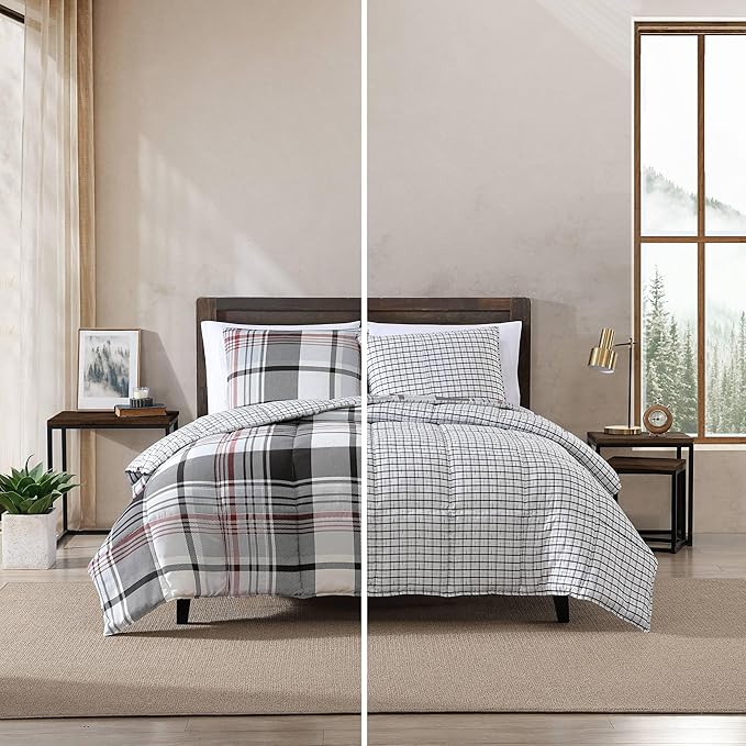 Eddie Bauer- Queen Comforter Set, Reversible Microsuede Bedding with Matching Sham(s), Casual Home Decor (Normandy Plaid Black, Queen)