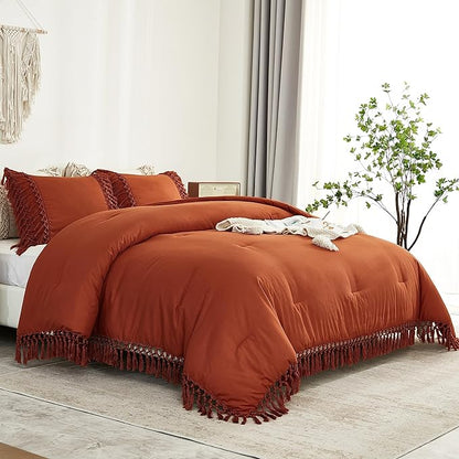 Andency Burnt Orange Comforter Set California King, 3 Pieces Boho Cal King Tassel Lightweight Soft Bedding Comforter Sets, Oversized Bed Set (104x96In Comforter & 2 Pillowcases)