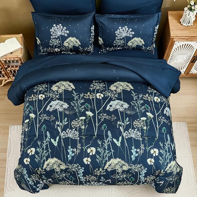 Yiran Navy Blue Floral Comforter Set Queen Size, 7 Piece Dandelion Botanical Spring Comforter Bedding Set, Bed in a Bag Queen, Soft Microfiber Complete Bedding Set with Sheets for All Season