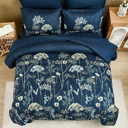 Yiran Navy Blue Floral Comforter Set Queen Size, 7 Piece Dandelion Botanical Spring Comforter Bedding Set, Bed in a Bag Queen, Soft Microfiber Complete Bedding Set with Sheets for All Season