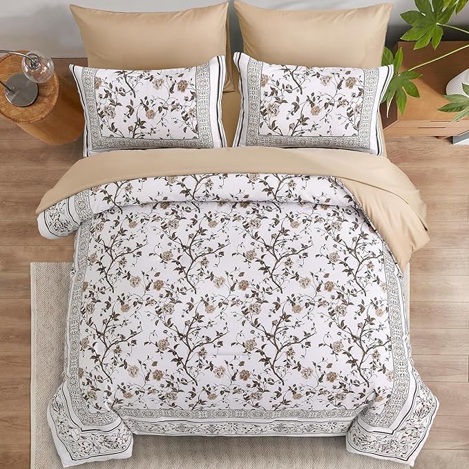 Dobuyly Brown King Size Comforter Set, Floral Botanical Bedding Set 7 Piece Bed in a Bag King, Soft Microfiber Flowers Bedding Comforter Sets with Sheets for All Season