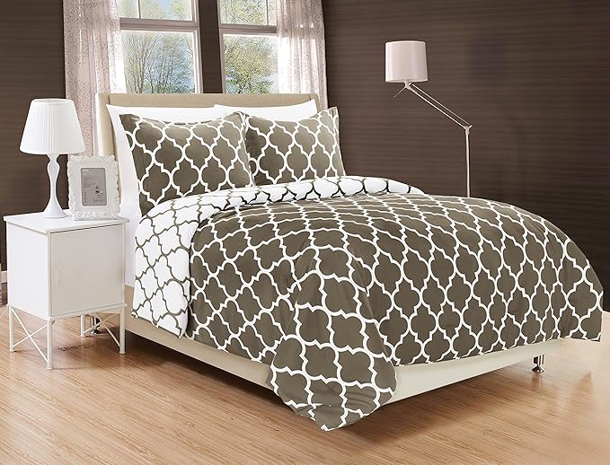 Elegant Comfort Goose Down Alternative Reversible 3-Piece Comforter Set - Breathable and Super Soft All Season Reversible Quatrefoil Pattern Comforter Set with 2 Shams,Twin/Twin XL, Gray/White