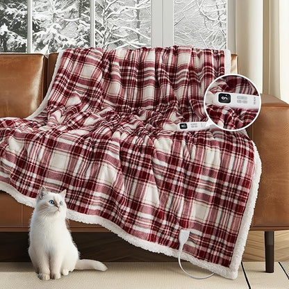 Heated Blanket Electric Throw 50''x60''Ultra Soft Plaid Flannel Fast Heating Electric Blanket with 10 Heat Levels & 10 Hrs Auto Off, ETL Certified, Keep Warm in Couch Bed Office (Red)