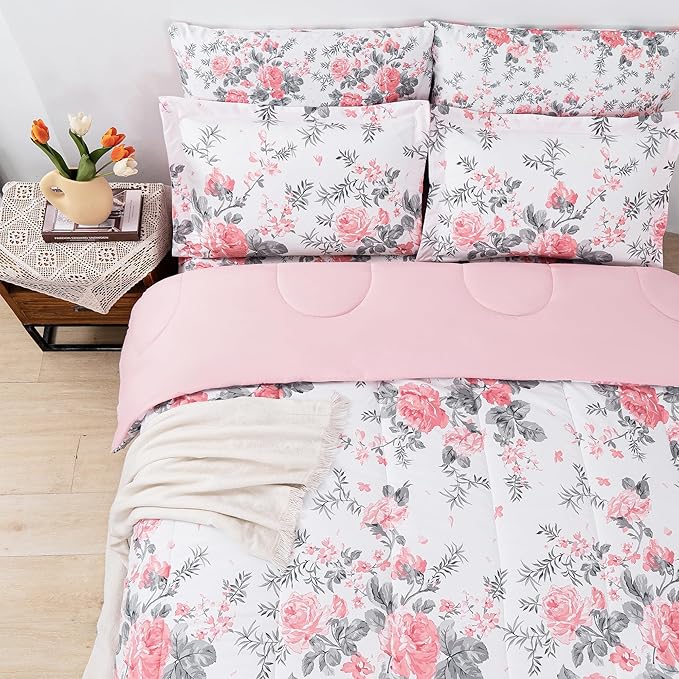 Floral King Comforter Set with Sheets, 7 Piece Luxury Vintage Bedding, Soft Microfiber Bed in a Bag, Cozy Lightweight Bed Set, Pink Flower Grey Leaf
