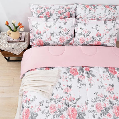 Floral Queen Comforter Set with Sheets, 7 Piece Luxury Vintage Bedding, Soft Microfiber Bed in a Bag, Cozy Lightweight Bed Set, Pink Flower Grey Leaf