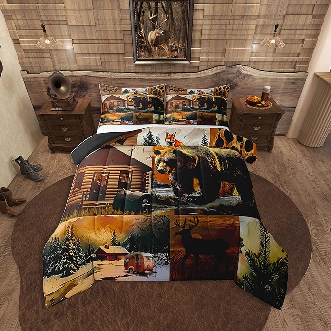 Erosebridal Rustic Lodge Comforter Set Queen Size Bear Deer Fox Cabin Bedding Set for Kids Teens Adult | Country Woodland Animals Duvet Insert Vintage Barn Pine Trees Brown Black Quilt,3 Piece