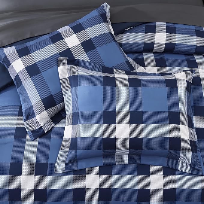 MaiRêve Full Size Plaid Comforter Set Indigo Blue, Classic Checkered 7 Pieces Bedding Set for Boys Girls Teen, All Season Lightweight Bed in A Bag with Sheets, Pillowcases & Shams
