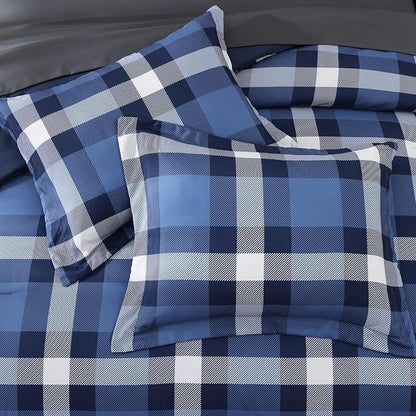 MaiRêve Full Size Plaid Comforter Set Indigo Blue, Classic Checkered 7 Pieces Bedding Set for Boys Girls Teen, All Season Lightweight Bed in A Bag with Sheets, Pillowcases & Shams