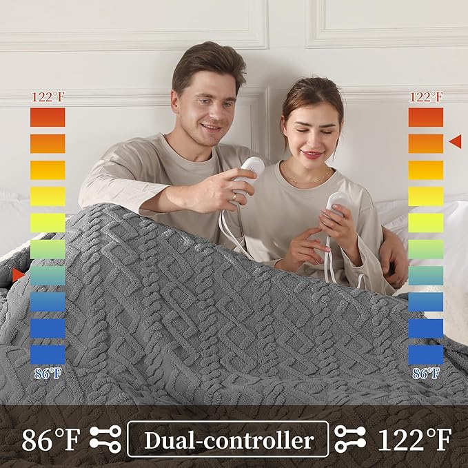 Heated Blanket Queen Size, Queen Size Electric Blanket Dual Control with 5 Heating Levels & 10 Hours Auto Off, Fast Heating with Overheat Protection, 3D Pattern Design, 100" x 90", Gray