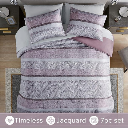 Comfort Spaces Purple Queen Comforter Set - 7 Pieces Trendy Modern Jacquard Bedding Sets with Sheets, All Seasons Skin-Friendly, Lightweight & Soft Microfiber Queen Bed Set, Shams, Queen