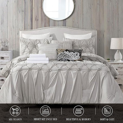 Elegant Comfort 12-Piece Bed-in-a-Bag, Ella Pleated Ruched Pintuck Comforter Set, 6-Piece Sheet Set Featuring Smart Pockets, Matching Decorative Pillows, All Season Bedding, Full, Silver
