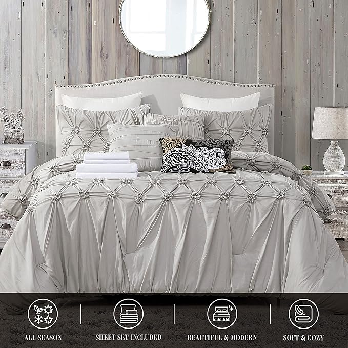 Elegant Comfort 12-Piece Bed-in-a-Bag, Ella Pleated Ruched Pintuck Comforter Set, 6-Piece Sheet Set Featuring Smart Pockets, Matching Decorative Pillows, All Season Bedding, California King, Silver