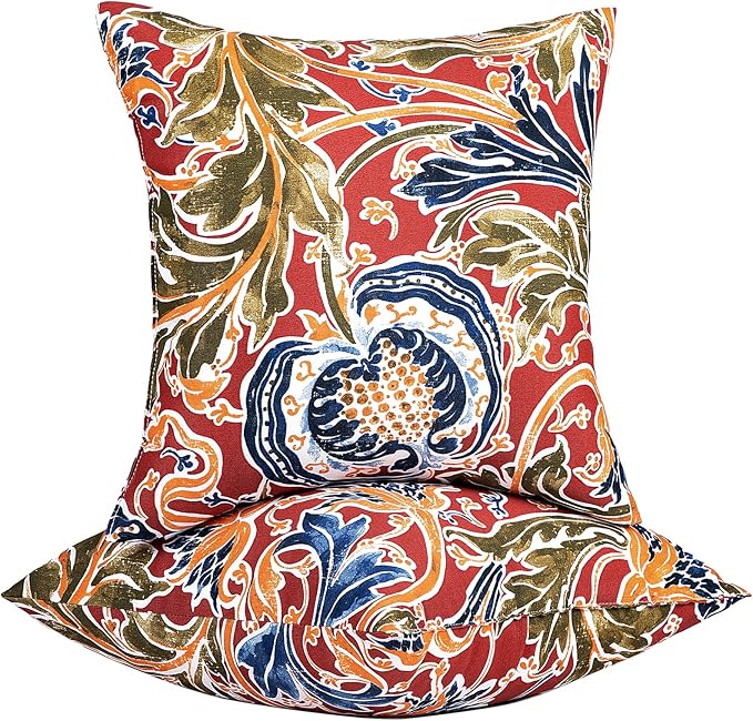 JMGBird Water-Resistant Outdoor Pillows Set of 2, 18x18 inch Durable Red with Pomegranate Flower Pattern Throw Pillows with Inserts for Patio Furniture