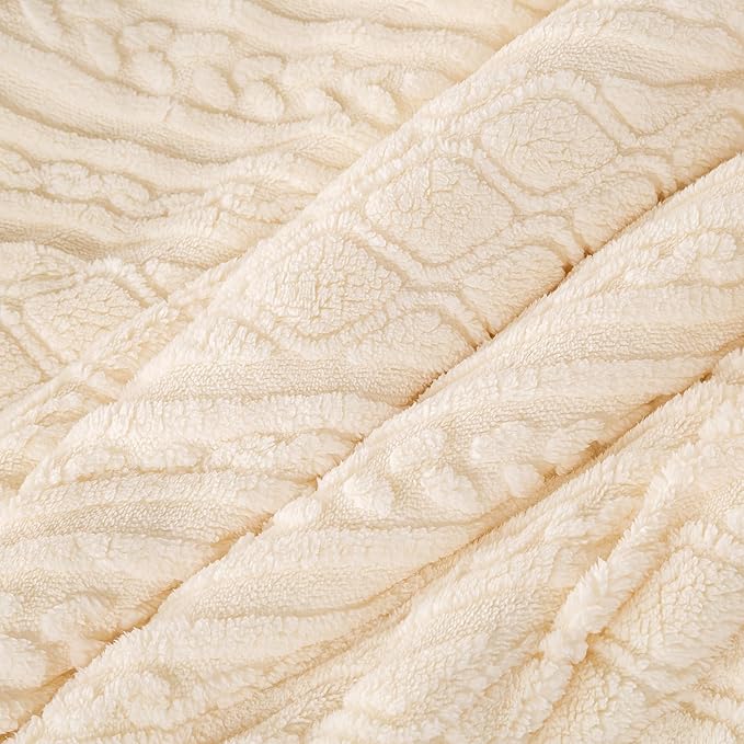 Warm Plush 3D Jacquard Boho Sherpa Fleece Queen Size Comforter Set - Cream Full/Queen Reversible Ultra-Soft Bedding Down Alternative Comforter Set Fluffy Surface for Cozy Autumn Winter Nights