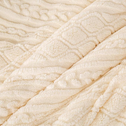Luxurious Look Warm Plush 3D Jacquard Boho Sherpa Fleece King Comforter Set - Cream Cal/Cal King Reversible Ultra-Soft Bedding Down Alternative Comforter Fluffy Surface for Cozy Autumn Winter