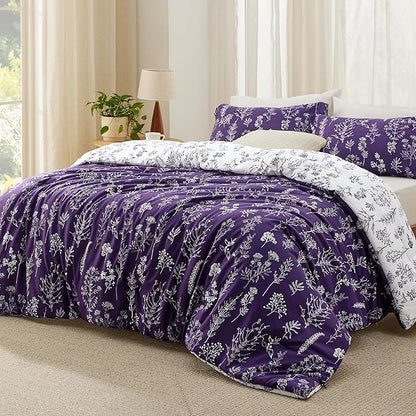 Bedsure Twin/Twin XL Comforter Set - Dark Purple Bed Set, 2 Pieces Cute Floral Bedding, 1 Soft Reversible Botanical Flowers Comforter and 1 Pillow Sham