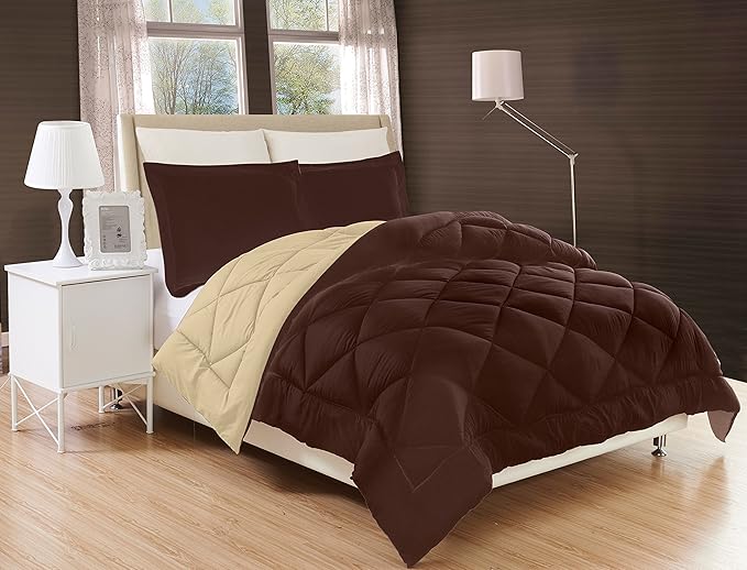 Elegant Comfort Goose Down Alternative-Diamond-Stitched-Quilted 3-Piece Reversible Comforter Set/Duvet Insert Ultra Soft Bedding-Medium Warmth for All Seasons, Full/Queen, Chocolate Brown/Cream