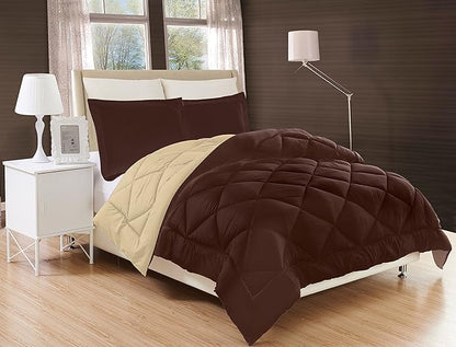 Elegant Comfort Goose Down Alternative-Diamond-Stitched-Quilted 3-Piece Reversible Comforter Set/Duvet Insert Ultra Soft Bedding-Medium Warmth for All Seasons, Full/Queen, Chocolate Brown/Cream