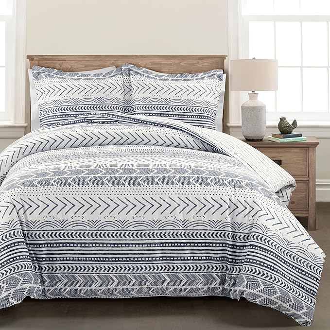 Lush Decor Hygge Geo Reversible 3 Piece Cotton Duvet Set, King, Navy & White