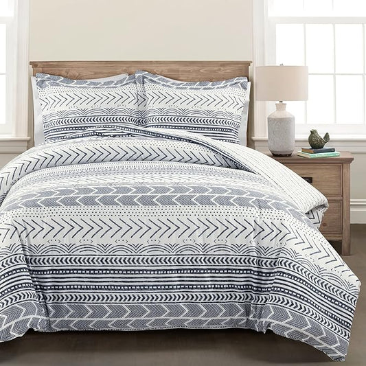 Lush Decor Hygge Geo Reversible 3 Piece Cotton Duvet Set, King, Navy & White