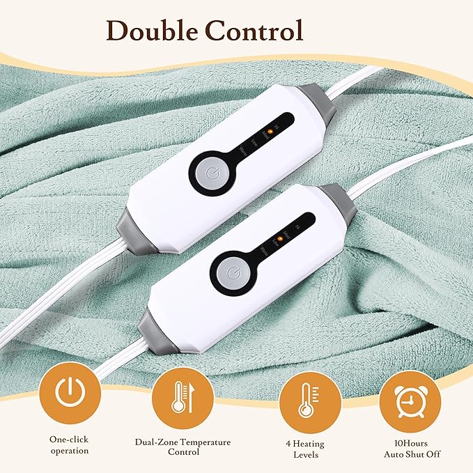 Electric Heated Blanket 84"x90" Queen Size - 4 Heat Settings & Dual Controllers, 10H Auto Shut Off, Ultra-Soft Coral Fleece Heated Blanket with Overheat Protection, Mint Green