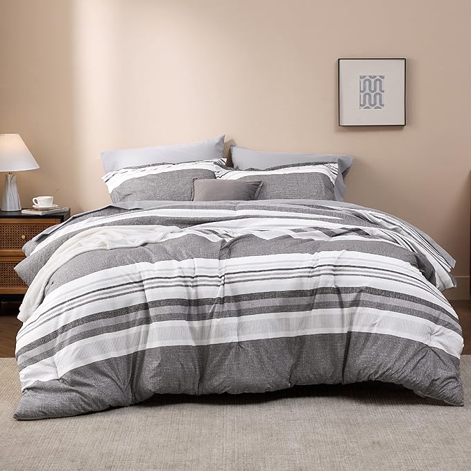 Bedsure Twin Comforter Set 5 Pieces, Frost Grey Striped Bedding Set for All Seasons, Reversible, Cationic Dyeing Bed in a Bag with Comforter, Sheets, Pillowcase & Sham