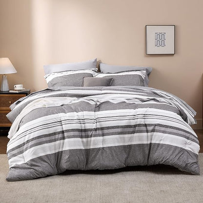 Bedsure Twin Comforter Set 5 Pieces, Frost Grey Striped Bedding Set for All Seasons, Reversible, Cationic Dyeing Bed in a Bag with Comforter, Sheets, Pillowcase & Sham