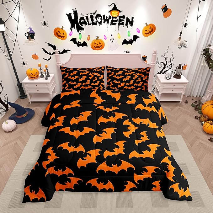 Erosebridal Orange Bat Toddler Comforter Halloween Bat Bedding Set Spooky Goth Gothic Animal Duvet Insert Horror Halloween Bed Sets for Kids Teens Adults
