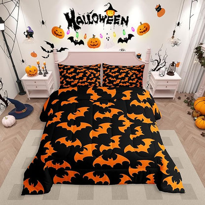 Erosebridal Orange Bat Toddler Comforter Halloween Bat Bedding Set Spooky Goth Gothic Animal Duvet Insert Horror Halloween Bed Sets for Kids Teens Adults