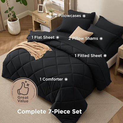 Bedsure 7 Pieces Full Comforter Set Premium Series, Hotel Luxury Soft Bed in a Bag, Goose Down Alternative, Safe for Sensitive Skin Bedding Comforter All Season Medium Warmth, Black Full Size