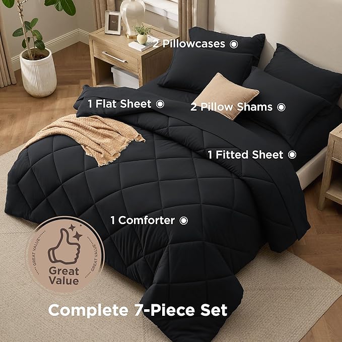 Bedsure 7 Pieces Queen Comforter Set Premium Series, Hotel Luxury Soft Bed in a Bag, Goose Down Alternative, Safe for Sensitive Skin Bedding Comforter All Season Medium Warmth, Black Queen Size