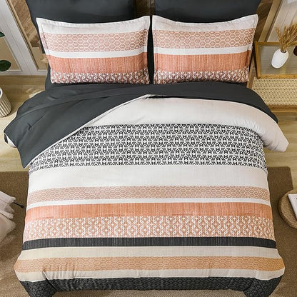 DJY Queen Size Comforter Set,Boho Striped Queen Bed Set,7 Piece Orange Patchwork Soft Microfiber Bedding Set for All Season(90"×90")