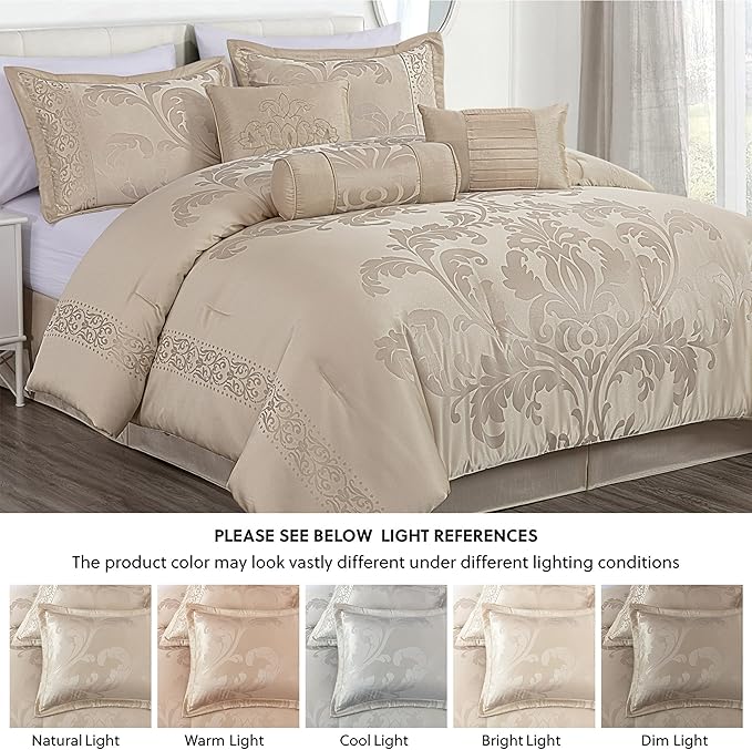 Chezmoi Collection Royale 7-Piece Jacquard Floral Comforter Set, Oversized Queen, Champagne