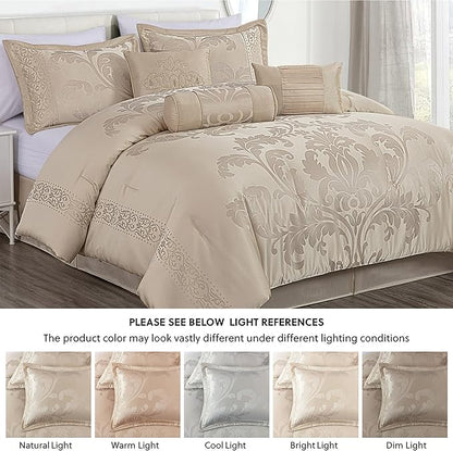 Chezmoi Collection Royale 7-Piece Jacquard Floral Comforter Set, Queen, Champagne