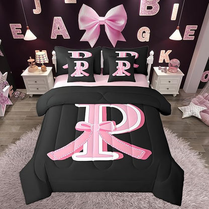 jejeloiu Kawaii Pink Bow Queen Comforter Set with Sheets,Gifts for Women Teen Girl,Monogrammed 7 Piece Bedding Set,Soft Personalized Initial Letter P Bed in a Bag with Comforter,Sheets,Pillowcases