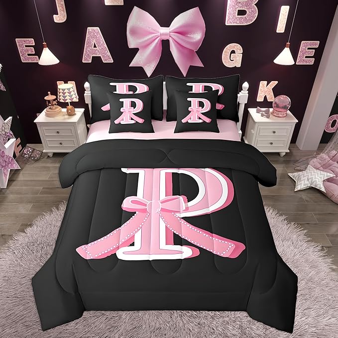 jejeloiu Kawaii Pink Bow Full Comforter Set with Sheets,Gifts for Women Teen Girl,Monogrammed 7 Piece Bedding Set,Soft Personalized Initial Letter P Bed in a Bag with Comforter,Sheets,Pillowcases
