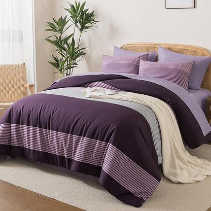 Andency Full Size Comforter Set Purple - 7 Pieces Striped Lightweight Bed in a Bag, Soft Microfiber Reversible Bedding Set with Comforter, Fitted & Flat Sheet, Pillowcases & Shams