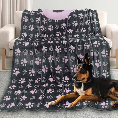 Dog Blankets for Large Dogs,Washable Pet Blanket, Soft Crate Bed with Paw Pattern for Kennel/Couch, Grey & Pink 80x60 Inch
