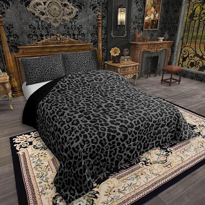 Erosebridal Leopard Print Queen Size Comforter Set-3 Pieces Cheetah Print Comforter for Women Room Decor,Soft Black and Grey Wild Animal Skin Texture Bedding Set with 2 Pillowcases for All Season