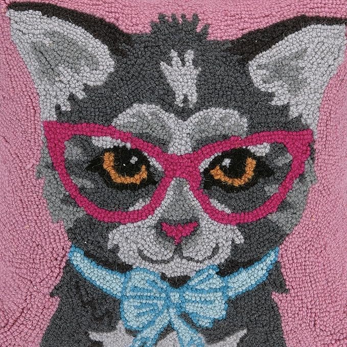 Cat with Glasses and Bow Wool Hook Pillow by The Pillow Shoppe, 16" Square