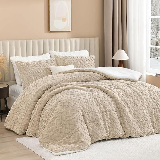 Andency Fluffy Sherpa Queen Comforter Set, Super Soft Beige Fleece Warm Bedding for Winter, Luxury Jacquard Boho Thick Fuzzy Plush Bed Set 3 Pieces(1 Shaggy Comforter, 2 Pillowcases)