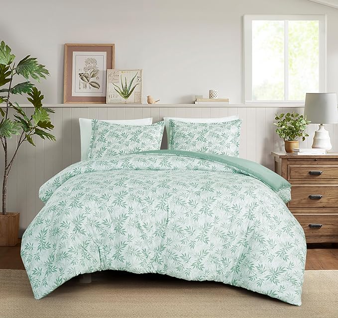 Chezmoi Collection Venus 2-Piece Floral Leaves Comforter Set Twin - Green White Leaves Printed Microfiber Lightweight Bedding Set for All Season